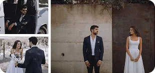 Stylish couple in formal wear standing outdoors for a photoshoot.