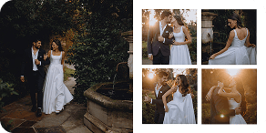 Romantic wedding couple outdoors, embracing in natural sunlight.