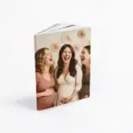 Baby shower album with joyful women celebrating pregnancy.