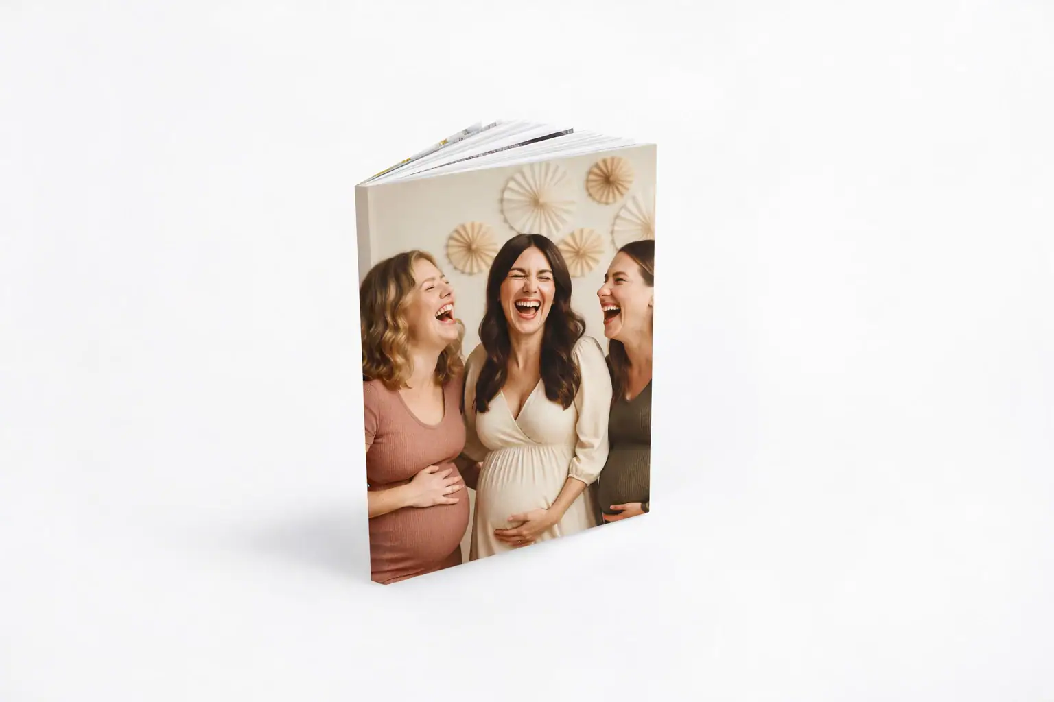 Baby shower album with joyful women celebrating pregnancy.