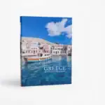 Greece travel album cover with seaside village and boats.