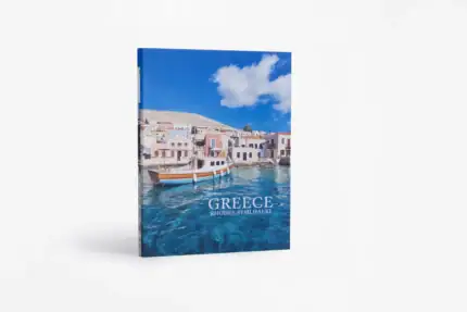 Greece travel album cover with seaside village and boats.