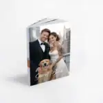 Elegant wedding guest book album featuring a happy couple and dog, perfect for wedding memories.