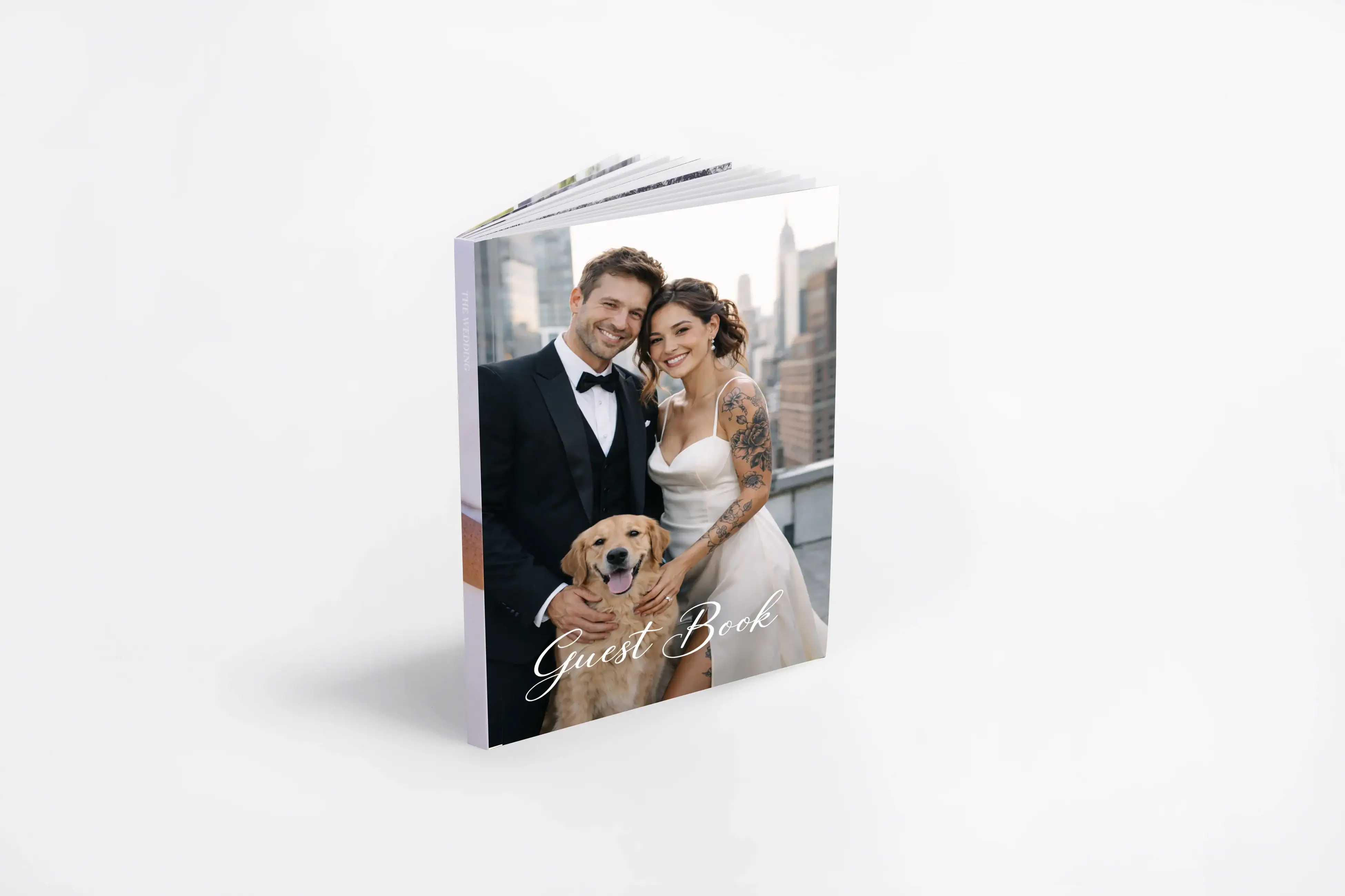 Elegant wedding guest book album featuring a happy couple and dog, perfect for wedding memories.