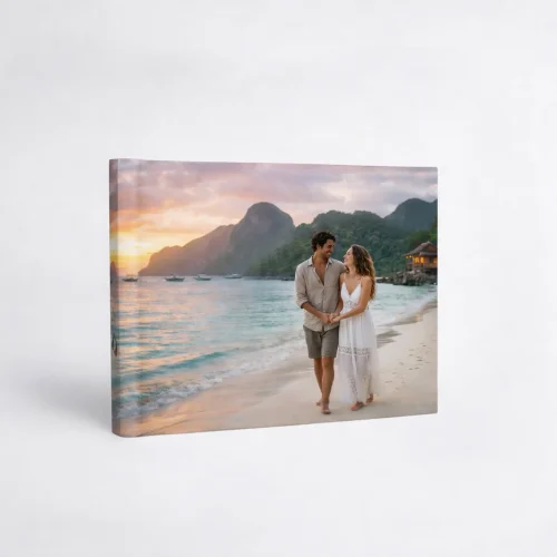 Romantic couple on beach at sunset, honeymoon photo album cover.
