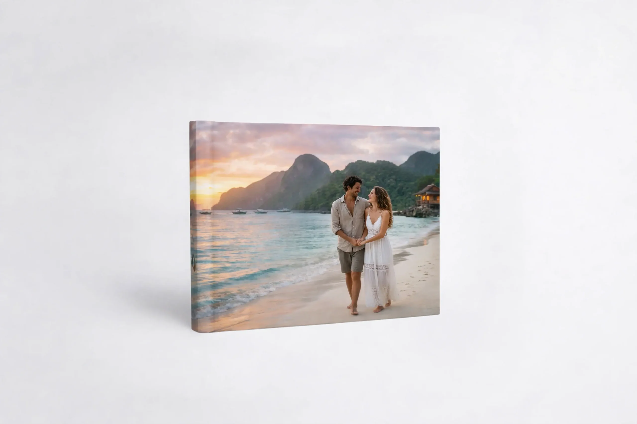 Romantic couple on beach at sunset, honeymoon photo album cover.
