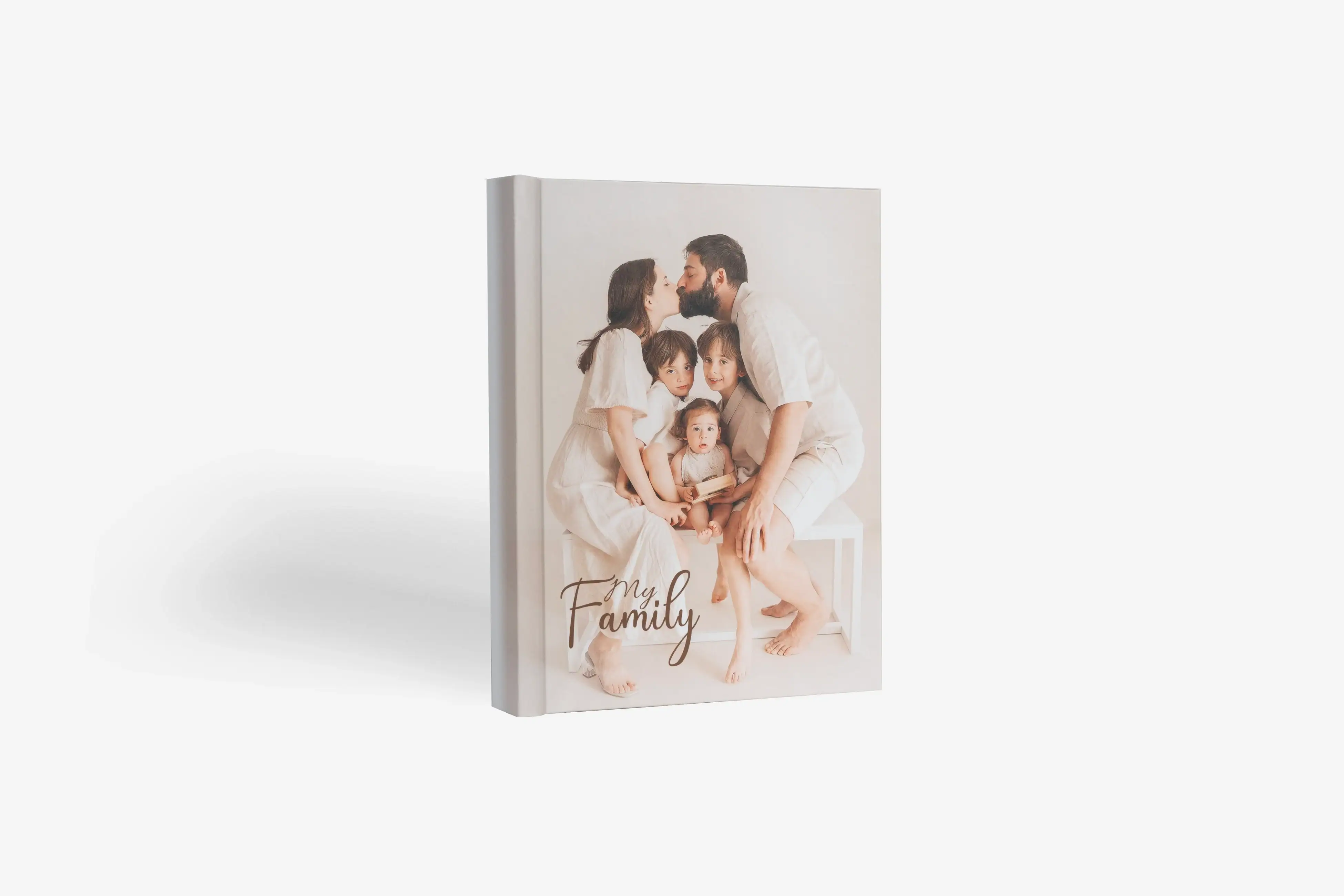 Family album book cover with a happy family portrait for memories.