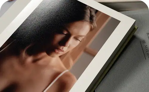 Close-up of a woman with smooth skin, showcasing Fuji Luster photo finish.