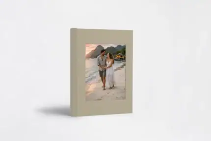 Elegant wedding guest book album featuring a beach couple photo for special memories.