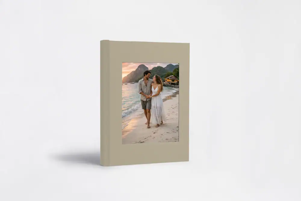 Elegant wedding guest book album featuring a beach couple photo for special memories.