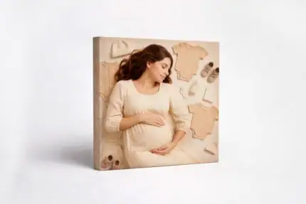 Pregnant woman with baby clothes and accessories for maternity photoshoot.