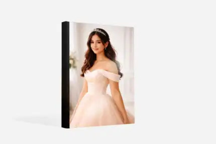 Beautiful newborn girl in a peach dress with a tiara, for the New Born album.