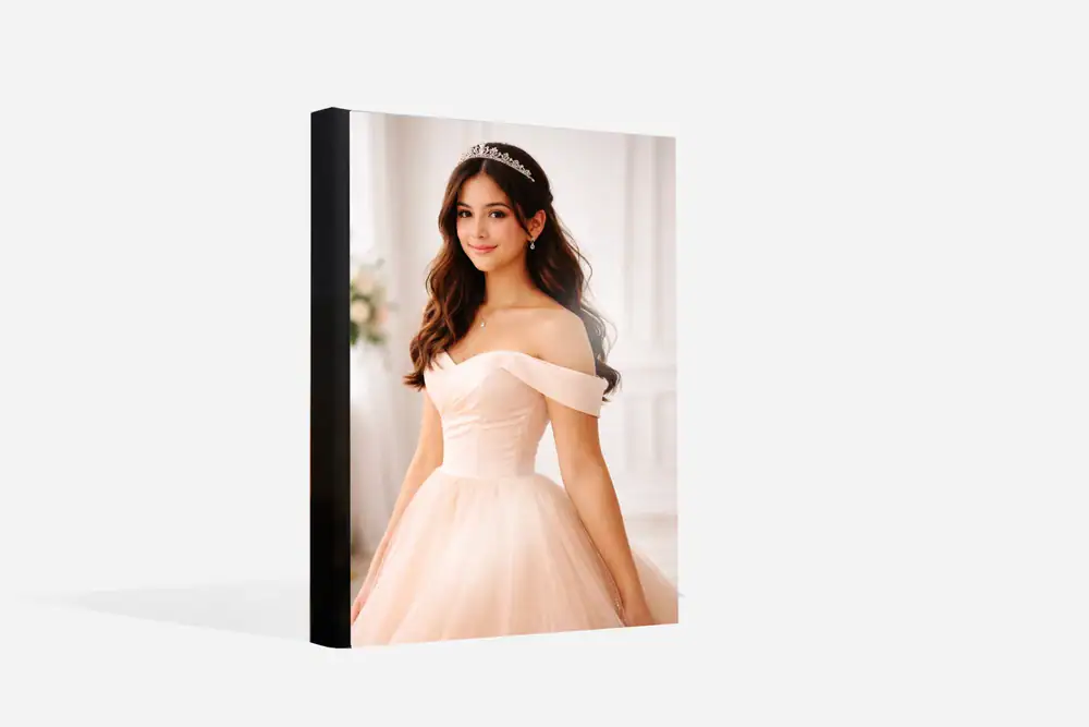 Beautiful newborn girl in a peach dress with a tiara, for the New Born album.