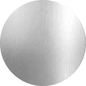 Mirror with brushed metal surface, round shape, and modern design.