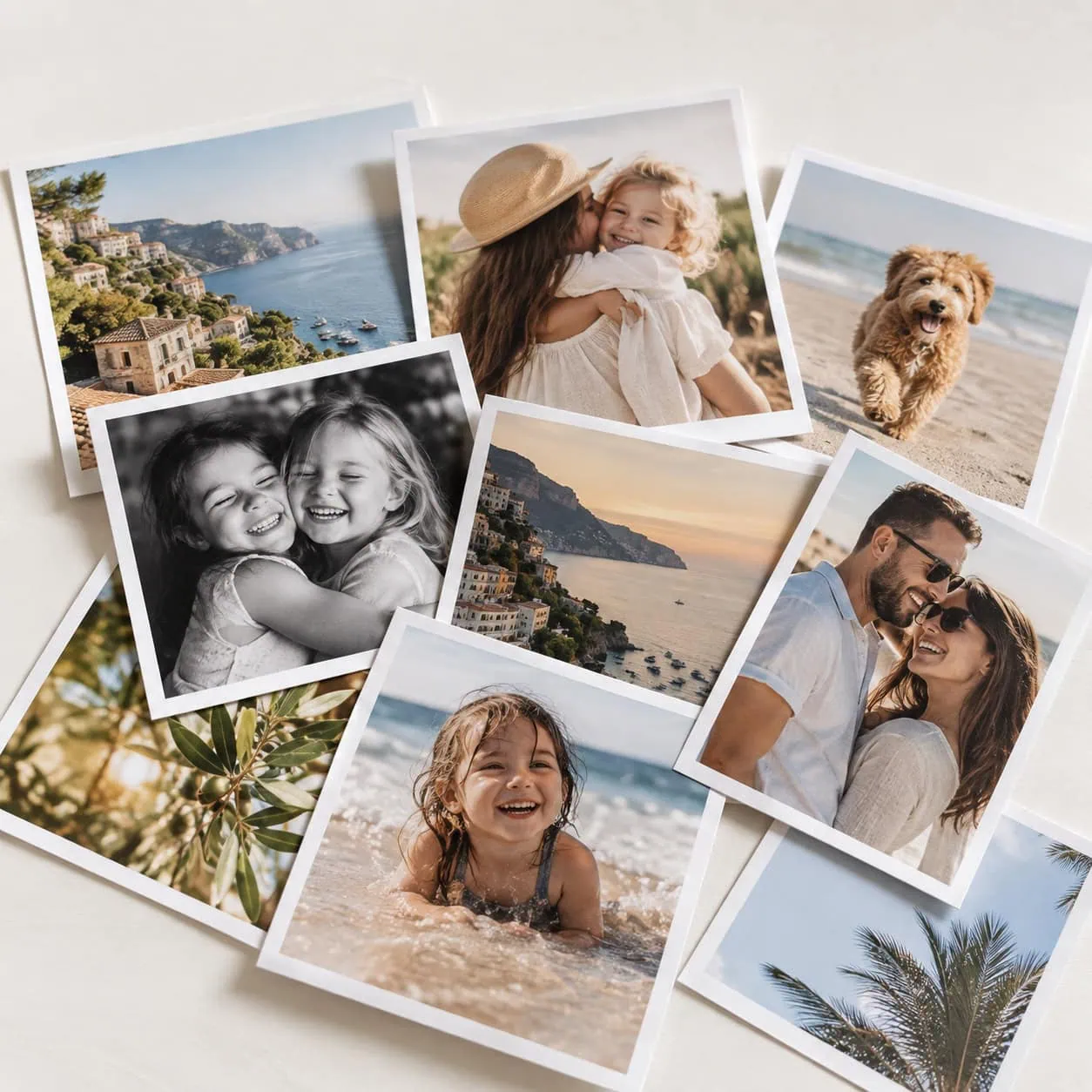 Collection of vibrant family and travel photos for wall decor and photo albums.