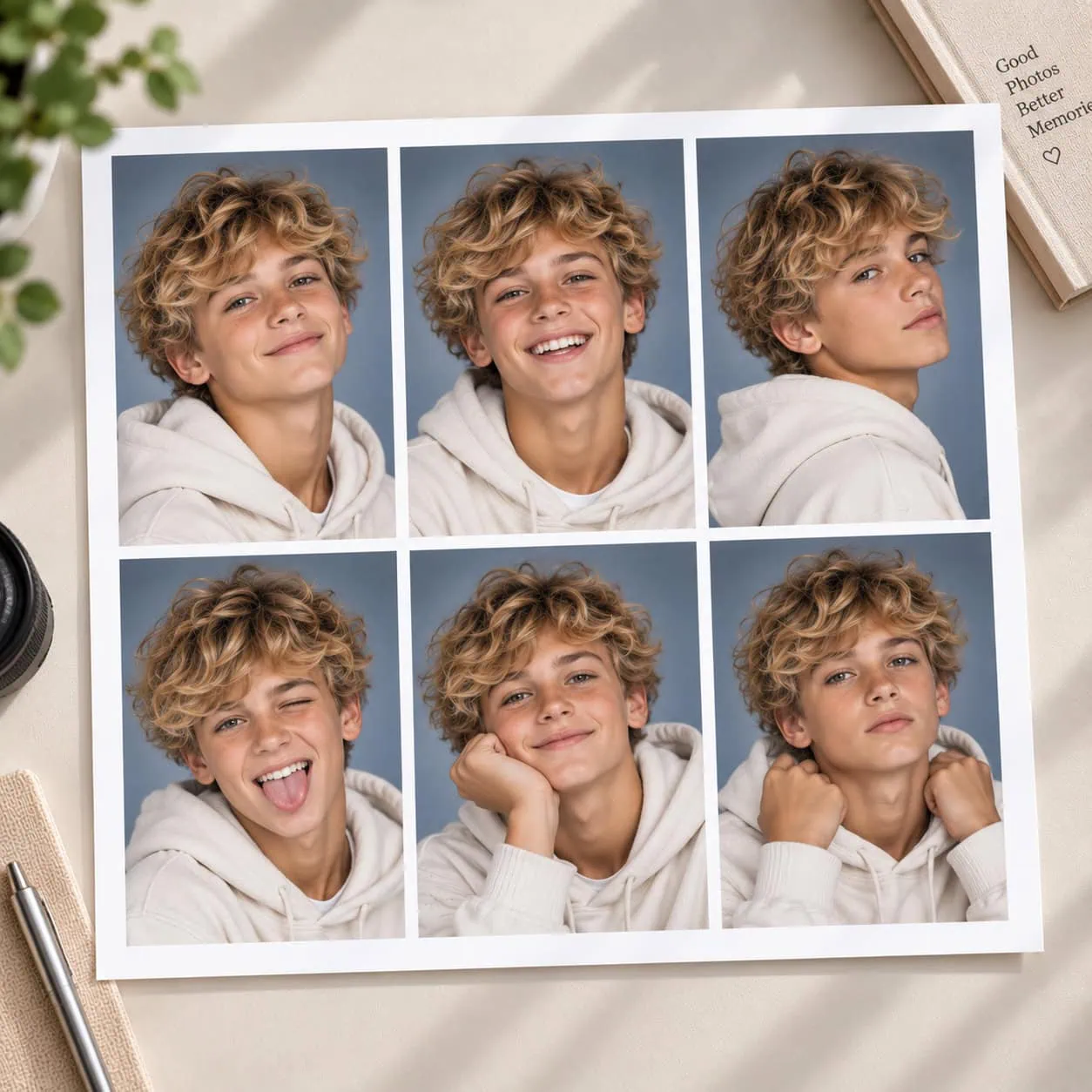 Six photos of a smiling boy with curly hair in a white hoodie, showing different expressions.